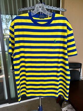 Ralph Lauren Yellow and Blue Striped Crew Tee Classic Medium